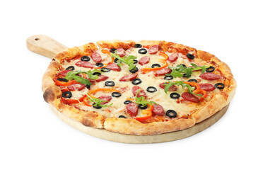 Tasty pizza with cheese, dry smoked sausages, olives, pepper and arugula isolated on white