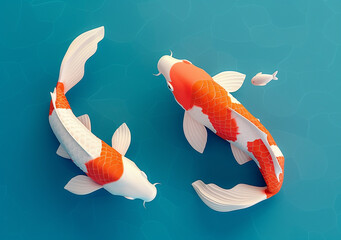 A koi fish and black shadow, a 3D illustrated clip art style with a blue background, creating an atmosphere of tranquility and harmony. The composition includes two elements, featuring the colorful sc