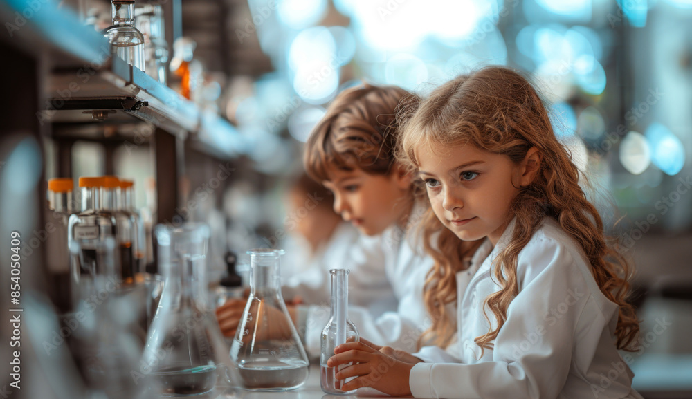 Poster two children in white lab coats conduct an experiment in a science lab, surrounded by beakers and ot