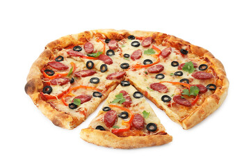 Tasty pizza with dry smoked sausages, olives, pepper and cheese isolated on white