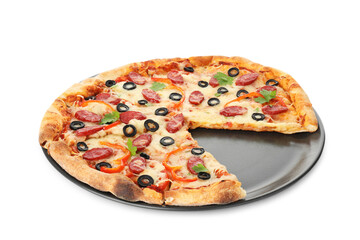 Tasty pizza with dry smoked sausages, olives, pepper and cheese isolated on white