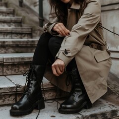 Tying shoelace new boots, woman wearing trench coat sitting on staircase and tying shoelace