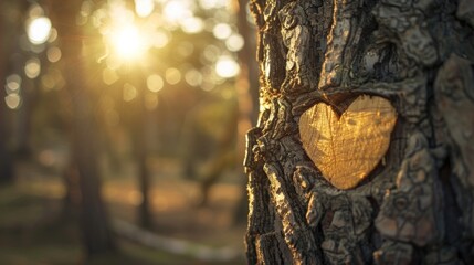 A wide-angle view of a heart carved into the trunk of a pine tree, backlit by a golden sunset.