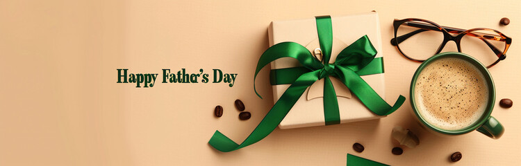 Happy Father's Day Card with Coffee, Gift, and Glasses