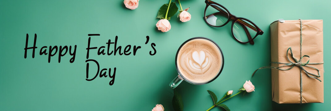 Happy Father's Day Card with Coffee, Gift, and Glasses