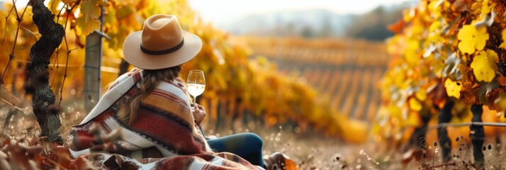 Wine tasting, wine tour, winetasting, woman in poncho drinking white wine, female vintner