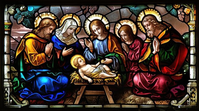 Vibrant stained glass depicting the Nativity scene with Jesus, Mary, Joseph, and three wise men. - Powered by Adobe