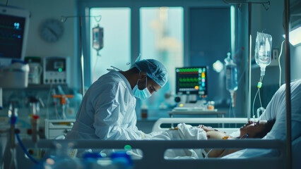 A doctor treating a patient in the intensive care unit, surrounded by medical equipment and monitors.
