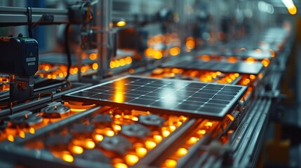 Fototapeta premium Solar panel production on a factory assembly line, detailed, renewable energy, sustainability in business, modern technology, clean energy focus 8K , high-resolution, ultra HD,up32K HD