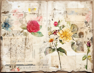 Vintage background with flowers. Shabby chic paper for junk journal. Scrapbooking floral paper. Generative AI.