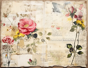 Vintage background with flowers. Shabby chic paper for junk journal. Scrapbooking floral paper. Generative AI.