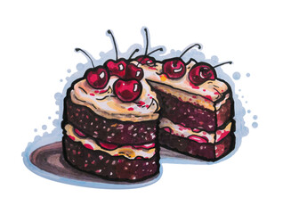 Delicious chocolate pie with cherries, sketch marker illustration