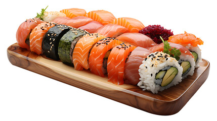 Tasty sushi food on a wooden board on a transparent png