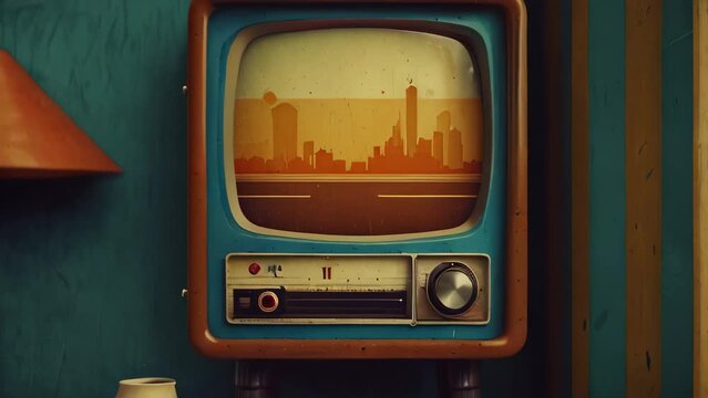 vintage television with a wooden frame, displaying a cityscape on its screen. Set against a green wall, this nostalgic piece of technology brings the retro charm of the 1960s to life