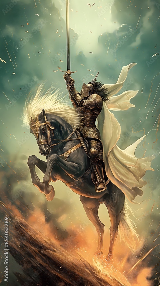 Wall mural Illustration of a knight wearing armor and holding a long sword, riding a horse and fighting on the battlefield, a hero wearing armor and holding a long sword, a mythological figure wearing armor and  - Wall murals