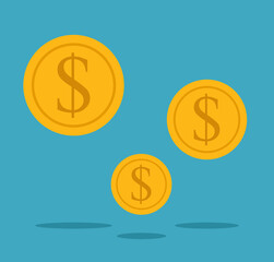Coins with dollar symbol. The graphic contains three gold icons. Flat design style.