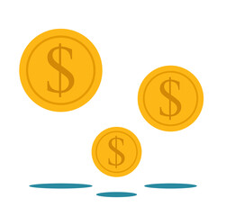 Image of coins with dollar symbol. The graphic contains three gold icons. Flat design style.