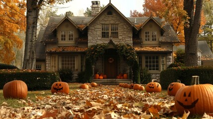 Front yard of a cozy house filled with pumpkins, flanked by tall bushes and trees in full fall foliage, capturing the essence of autumn celebrations