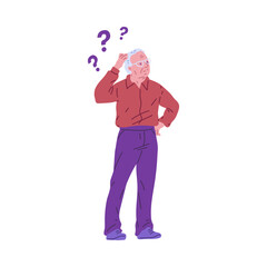 Vector illustration of an elderly man suffering from memory loss, surrounded by question marks symbolizing dementia.