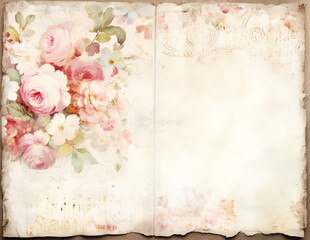 Vintage background with flowers. Shabby chic paper for junk journal. Scrapbooking floral paper. Generative AI.