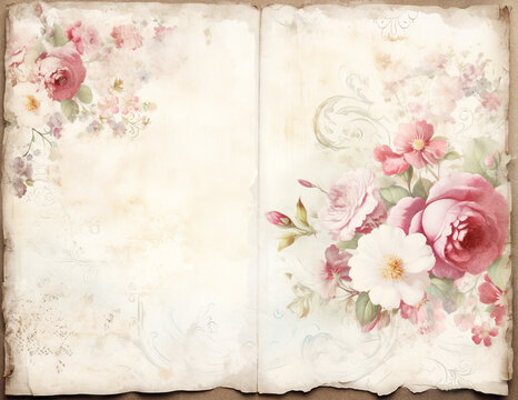 Vintage background with flowers. Shabby chic paper for junk journal. Scrapbooking floral paper. Generative AI.