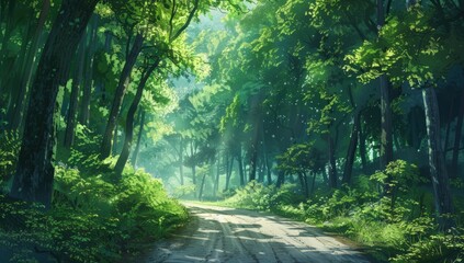 Obraz premium A forest with a dirt road in the middle. Generate AI image