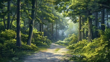 Obraz premium A forest with a dirt road in the middle. Generate AI image