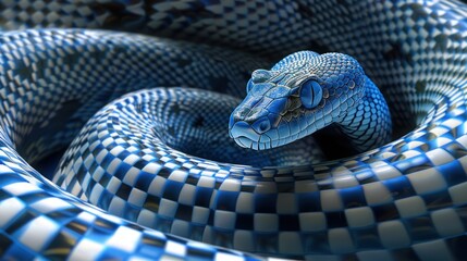 Fototapeta premium Digital art of a blue coiled snake with intricate scales.