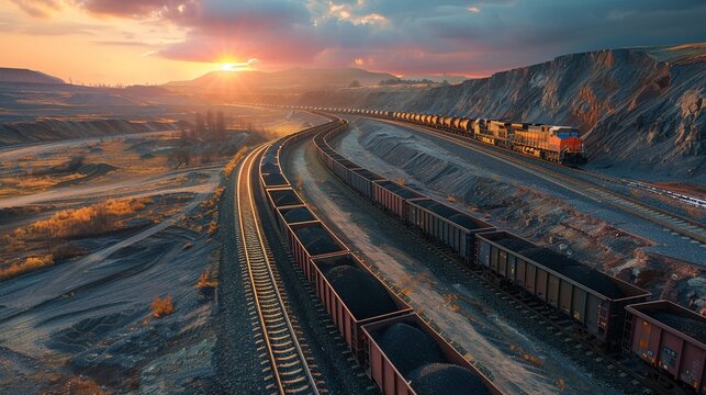 Coalloaded freight trains on parallel tracks, winding through a desolate landscape, showcasing raw material transportation 8K , high-resolution, ultra HD,up32K HD