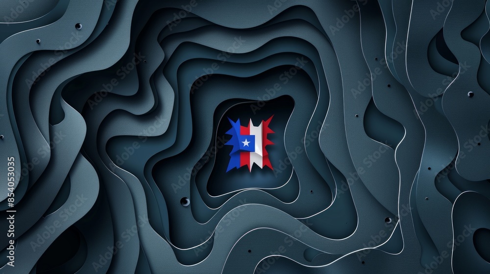 Poster close-up of a chilean flag embossed into a wavy, paper-cut background. the flag is in the center of 