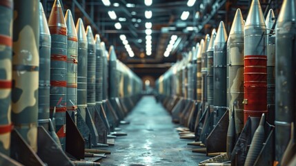 Rows of diverse warheads and missiles in a warehouse, reflecting the export and import of military ammunition 8K , high-resolution, ultra HD,up32K HD
