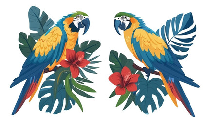 Obraz premium cartoon of two parrots on a branch isolated against white background