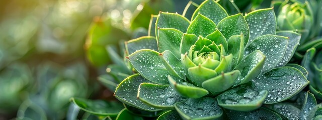 Fototapeta premium leaves dotted with water droplets, backdrop softly blurred