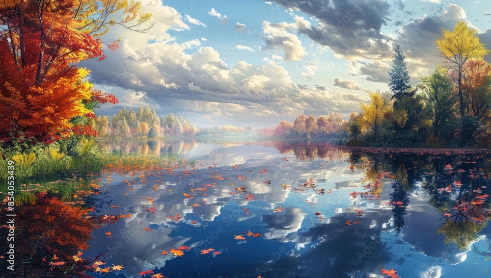 Poster a beautiful painting of a lake with trees and a sky. generate ai image