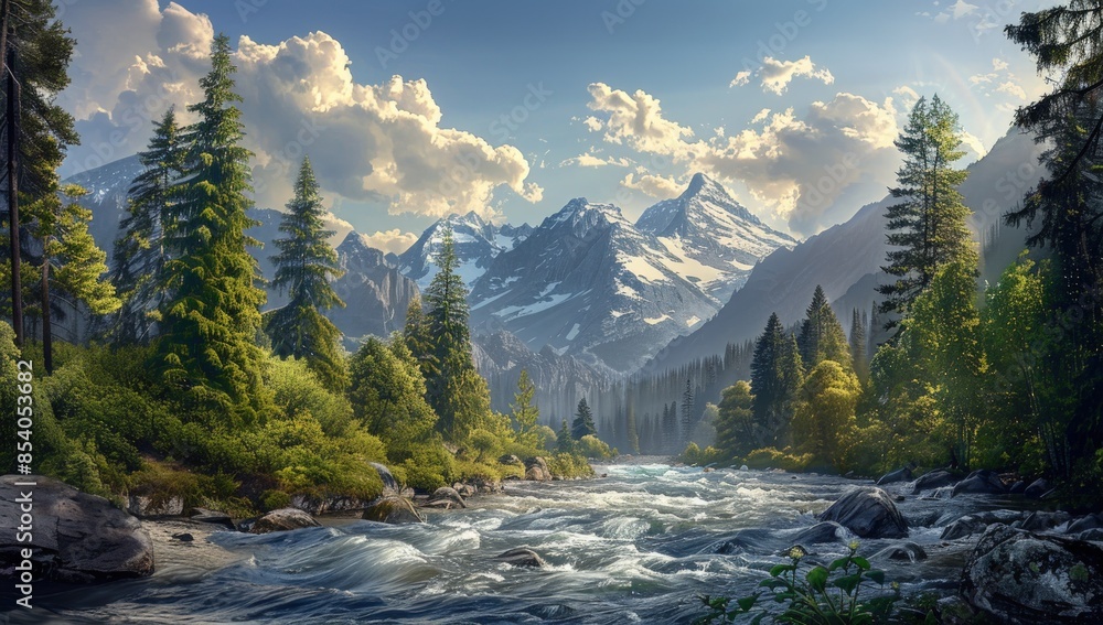 Aufkleber a beautiful mountain range with a river running through it. generate ai image