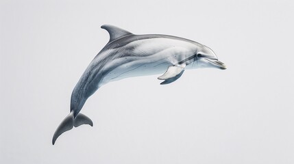 Fototapeta premium A playful dolphin leaps through the air, its sleek body and acrobatic movements captured in mid-flight against a clean white background. The image embodies the animal's intelligence and grace,