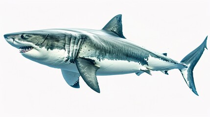A formidable great white shark, with its sleek, powerful body and piercing eyes, swims effortlessly against a stark white background. The image highlights the animal's predatory nature and impressive