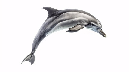 Fototapeta premium A playful dolphin leaps through the air, its sleek body and acrobatic movements captured in mid-flight against a clean white background. The image embodies the animal's intelligence and grace,
