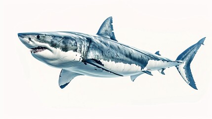 Obraz premium A formidable great white shark, with its sleek, powerful body and piercing eyes, swims effortlessly against a stark white background. The image highlights the animal's predatory nature and impressive