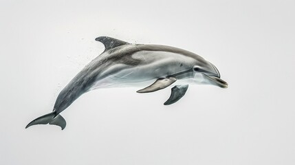 Fototapeta premium A playful dolphin leaps through the air, its sleek body and acrobatic movements captured in mid-flight against a clean white background. The image embodies the animal's intelligence and grace,