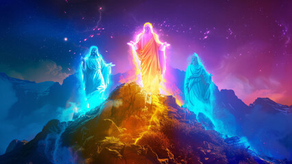 The Transfiguration of Jesus illuminated by vibrant colors, with glowing light and divine presence.
