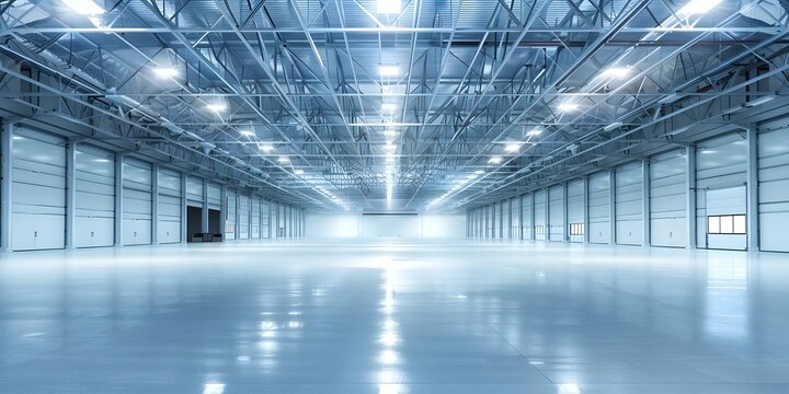 LED lighting in warehouse improves efficiency in distribution centers and storage systems. Concept Warehouse Efficiency, LED Lighting, Distribution Centers, Storage Systems, Technology Updates