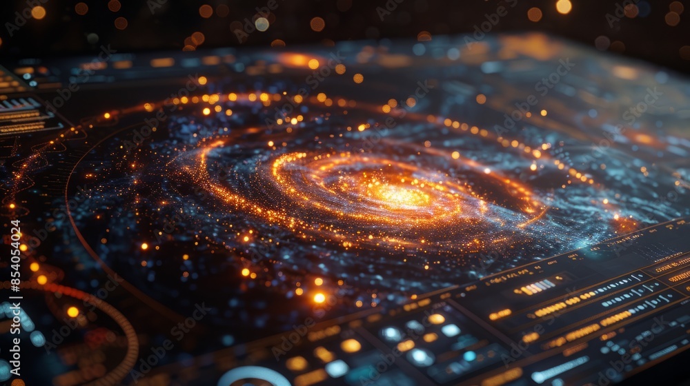 Poster A close-up view of a futuristic digital interface displaying a swirling galaxy, comprised of glowing points of light.
