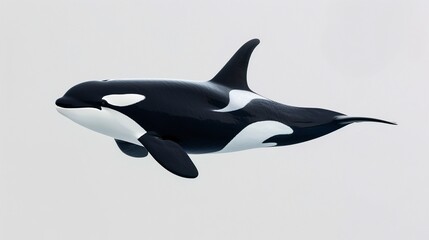 Obraz premium A powerful orca, with its distinctive black and white markings and sharp dorsal fin, swims through a pristine white background. The image showcases the animal's intelligence, social complexity, and