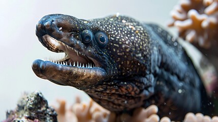 A menacing moray eel, with its sharp teeth and sinuous body, peeks out from its coral reef home against a white background. The image captures the animal's predatory nature and powerful jaws,