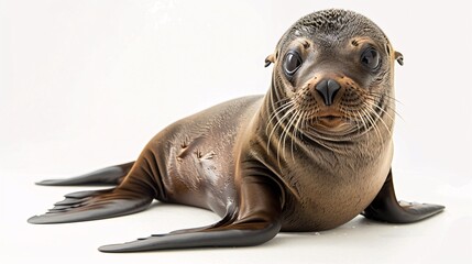 Fototapeta premium A playful sea lion, with its thick fur and expressive eyes, poses on a clean white background. The image captures the animal's playful personality and agility, showcasing its ability to both swim and