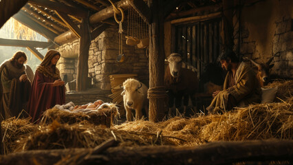 A nativity scene set in a rustic stable, featuring the Holy Family with baby Jesus in the manger, surrounded by animals.
