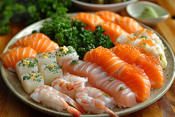 Screaming shrimp with black pepper and sea salt on a wooden table. Luxurious background for advertising a magazine or restaurant.
