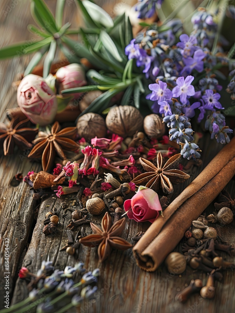 Poster a close-up shot of an assortment of fragrant spices and fresh flowers arranged on a rustic wooden su