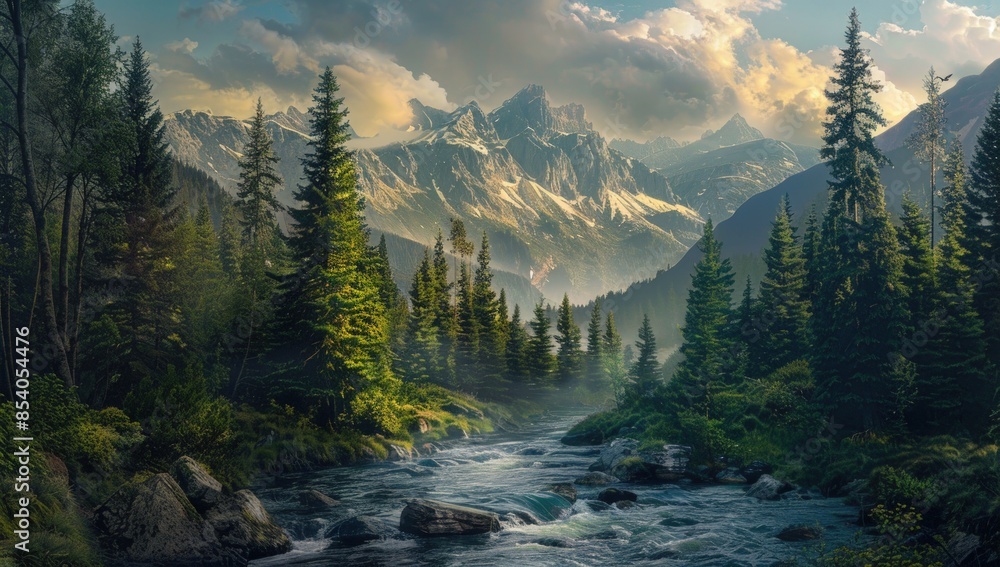 Aufkleber a beautiful mountain range with a river running through it. generate ai image